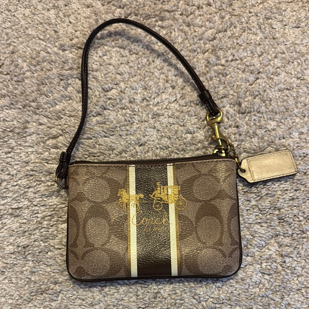 Coach Brown Monogram Wristlet with Gold Accents